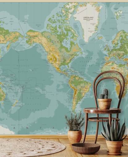 Tapete mit Karte der Zentralwelt Amerikas in Blau, Grün und Braun