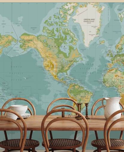 Blue, Green and Brown America Central World Map Wallpaper