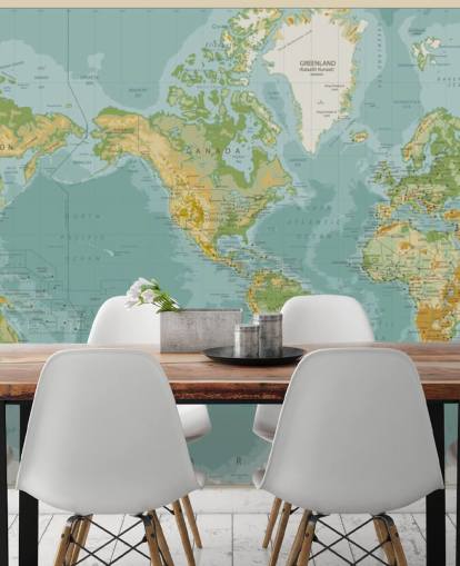 Carta da parati blu, verde e marrone con mappa del mondo centrale dell'America