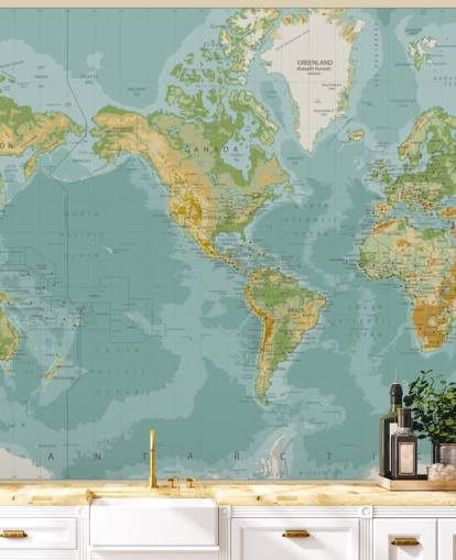 Blue, Green and Brown America Central World Map Wallpaper