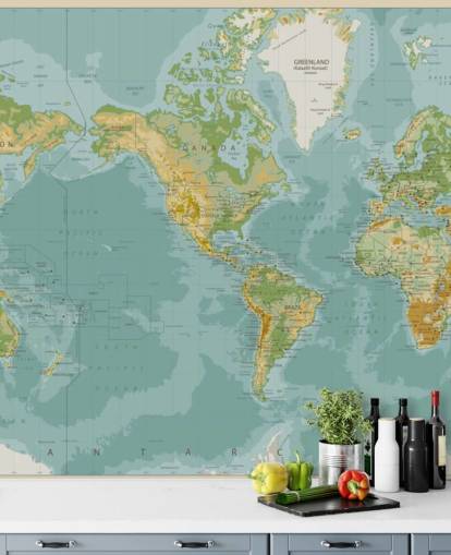 Blue, Green and Brown America Central World Map Wallpaper