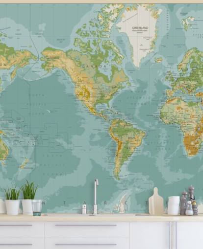 Blue, Green and Brown America Central World Map Wallpaper