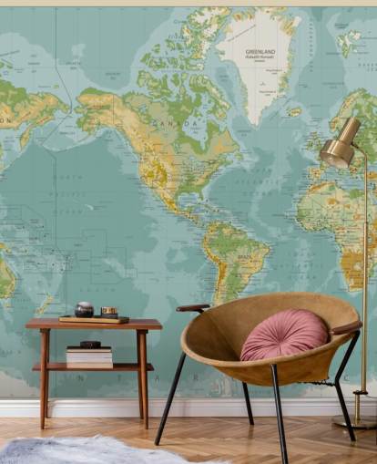Blue, Green and Brown America Central World Map Wallpaper