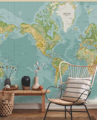 Tapete mit Karte der Zentralwelt Amerikas in Blau, Grün und Braun