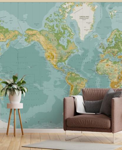 Carta da parati blu, verde e marrone con mappa del mondo centrale dell'America