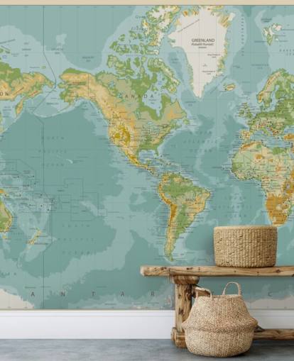 Blue, Green and Brown America Central World Map Wallpaper