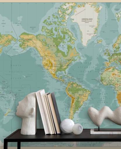 Blue, Green and Brown America Central World Map Wallpaper