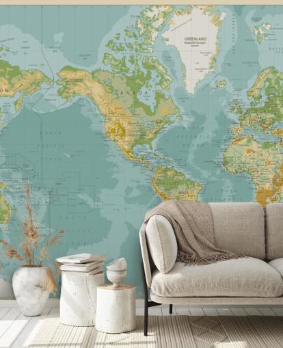 Blue, Green and Brown America Central World Map Wallpaper