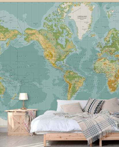 Blue, Green and Brown America Central World Map Wallpaper