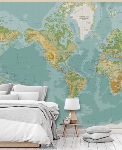 Blue, Green and Brown America Central World Map Wallpaper