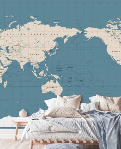 Papier Peint Carte du Monde Bleu et Blanc