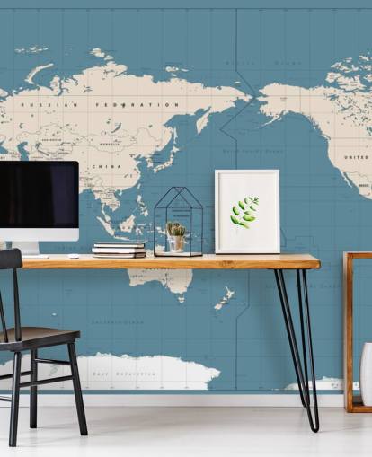 Papier Peint Carte du Monde Bleu et Blanc