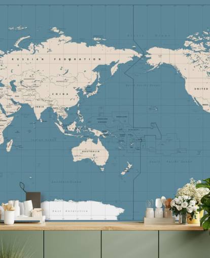 Papier Peint Carte du Monde Bleu et Blanc