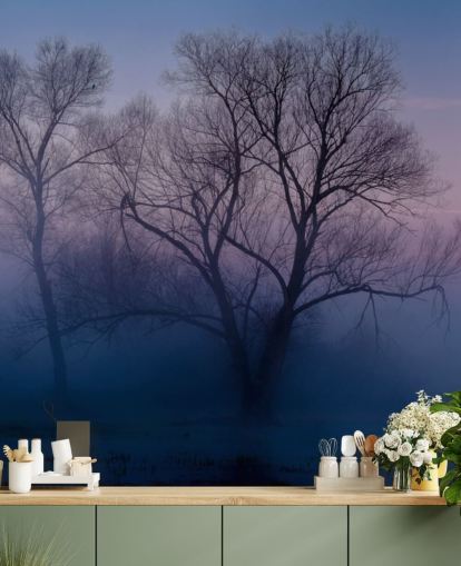 blue misty tree behang
