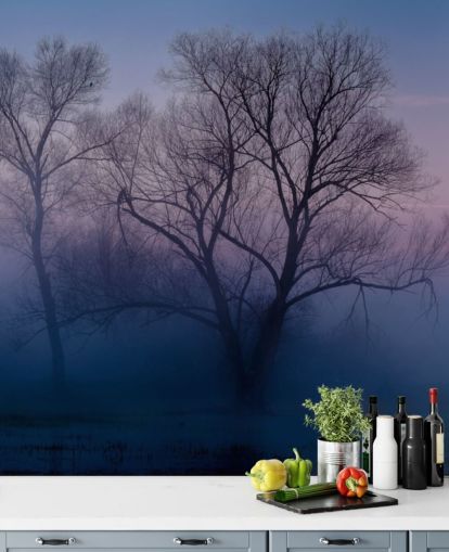 blue misty tree behang