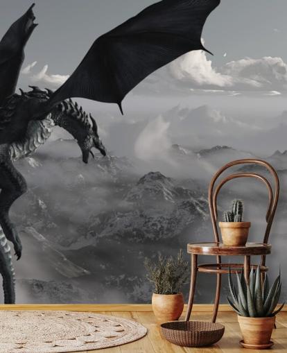 vliegende en brullende draak over bergen behang