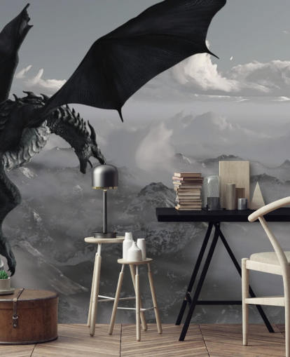 flying and roaring dragon over mountains wallpaper