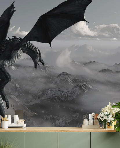flying and roaring dragon over mountains wallpaper