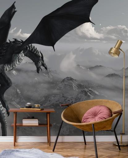 flying and roaring dragon over mountains wallpaper