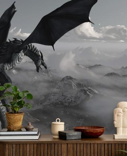 dragón volador y rugiente sobre montañas fondo de pantalla