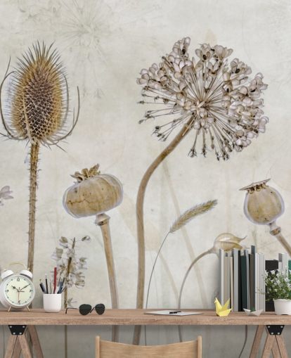 beige and brown customisable floral wallpaper called Aged with Beauty by Mandy Disher for bedrooms, living rooms and dining rooms
