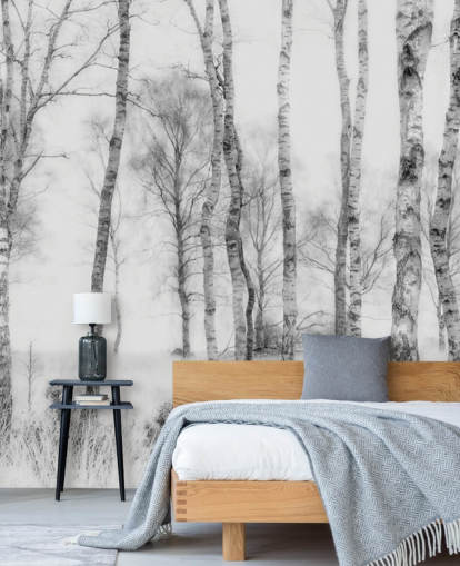black and white birch tree sketch effect forest wall mural