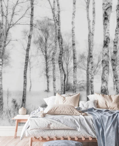 mural de parede florestal com efeito de esboço de árvore de vidoeiro preto e branco