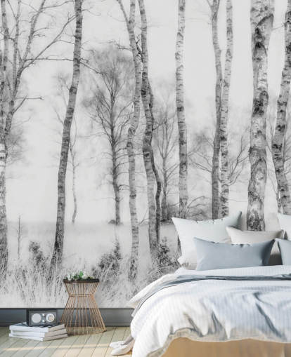 black and white birch tree sketch effect forest wall mural