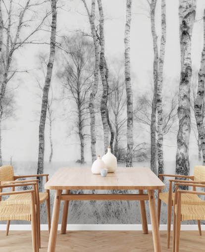 Adesivo murale in bianco e nero con schizzo di betulla effetto foresta