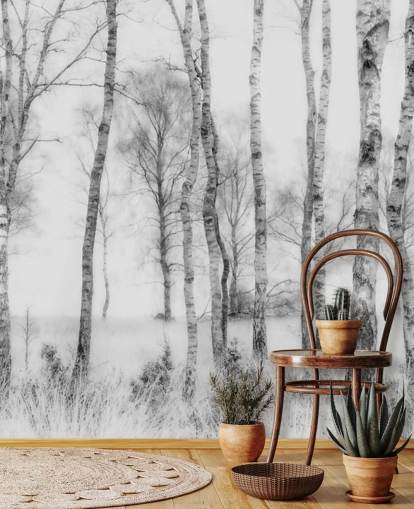 Adesivo murale in bianco e nero con schizzo di betulla effetto foresta Adesivo murale in bianco e nero con schizzo di betulla effetto foresta