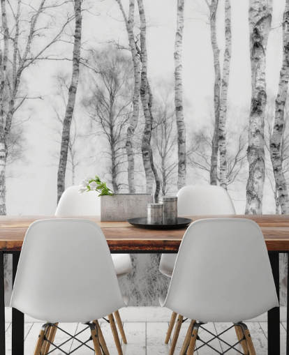 mural de parede florestal com efeito de esboço de árvore de vidoeiro preto e branco