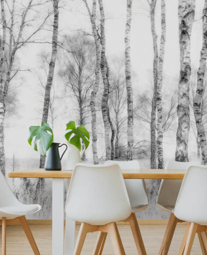 black and white birch tree sketch effect forest wall mural