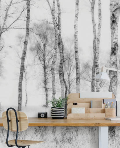 black and white birch tree sketch effect forest wall mural