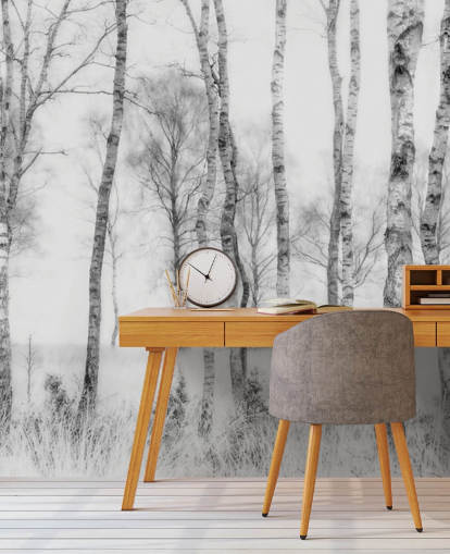 black and white birch tree sketch effect forest wall mural