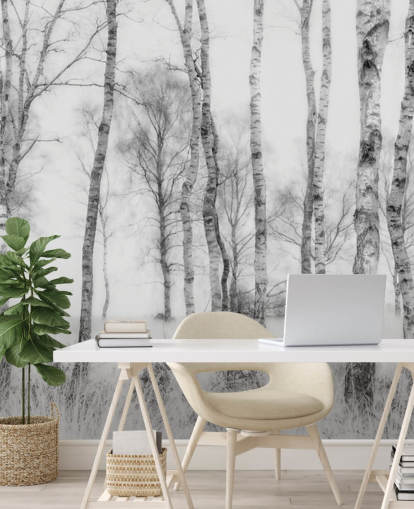 mural de parede florestal com efeito de esboço de árvore de vidoeiro preto e branco