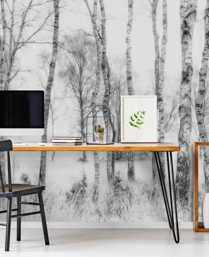 Adesivo murale in bianco e nero con schizzo di betulla effetto foresta