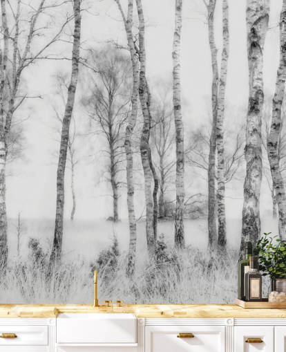 mural de pared de bosque con efecto de boceto de abedul en blanco y negro