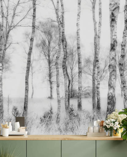 schwarz-weiße Wald-Wandmalerei mit Birken-Skizzeneffekt