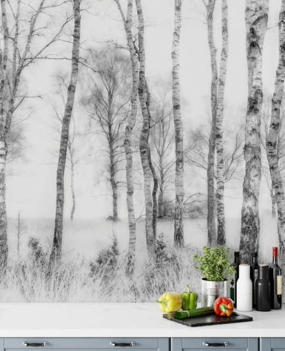 Adesivo murale in bianco e nero con schizzo di betulla effetto foresta
