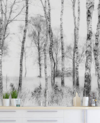 black and white birch tree sketch effect forest wall mural