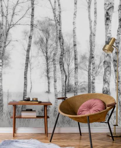 Adesivo murale in bianco e nero con schizzo di betulla effetto foresta