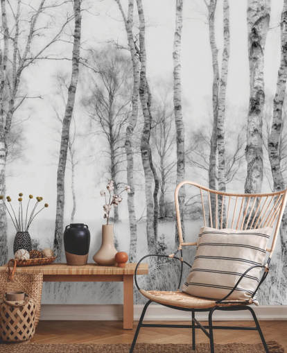 black and white birch tree sketch effect forest wall mural
