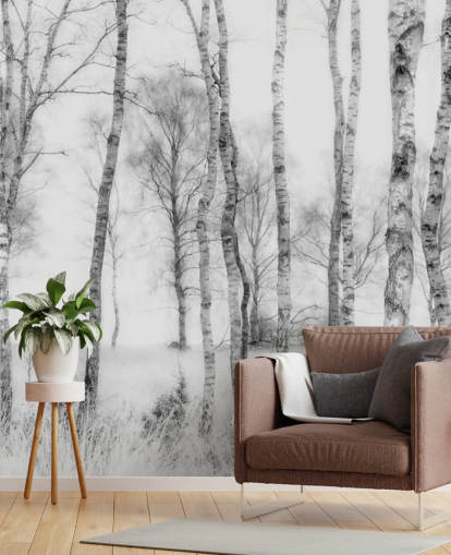 mural de pared de bosque con efecto de boceto de abedul en blanco y negro mural de pared de bosque con efecto de boceto de abedul en blanco y negro