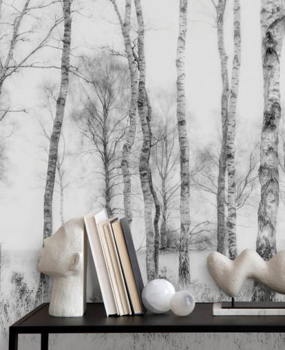 mural de pared de bosque con efecto de boceto de abedul en blanco y negro mural de pared de bosque con efecto de boceto de abedul en blanco y negro