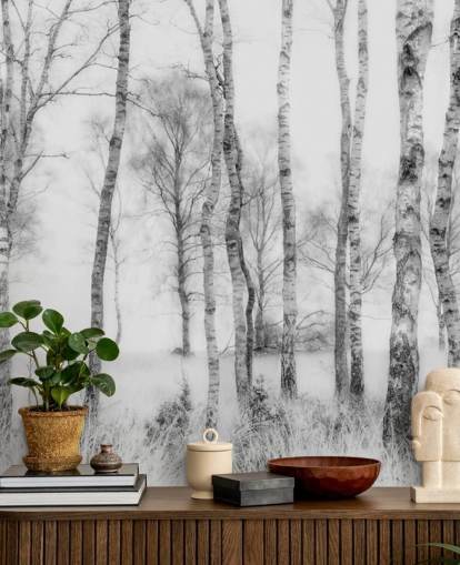 mural de pared de bosque con efecto de boceto de abedul en blanco y negro