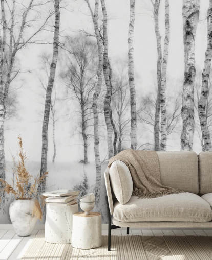 Adesivo murale in bianco e nero con schizzo di betulla effetto foresta