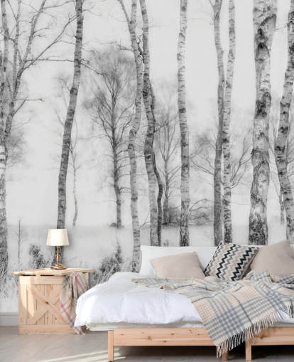 mural de pared de bosque con efecto de boceto de abedul en blanco y negro mural de pared de bosque con efecto de boceto de abedul en blanco y negro