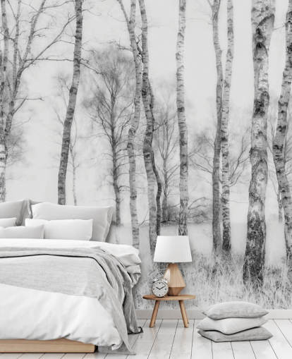 black and white birch tree sketch effect forest wall mural