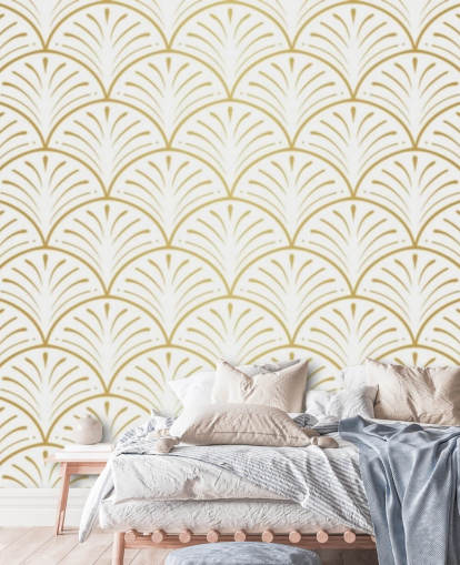 white and gold toned shells wallpaper