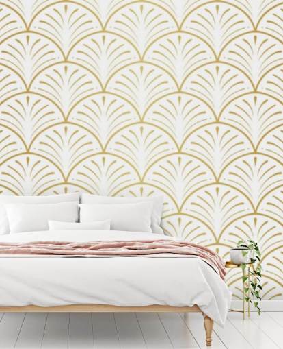 white and gold toned shells wallpaper